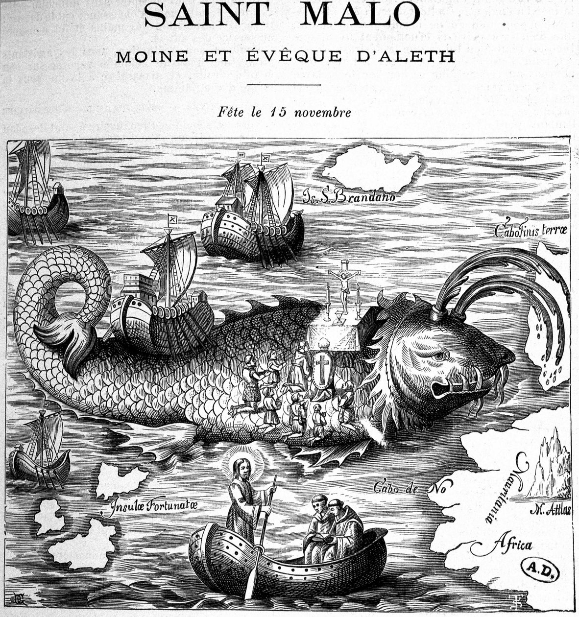 Saint Malo (Saint Maclou) ábrázolása egy bálna hátán, amelyet Clonfert Saint Brendan (Brandan) vagy Clonfert Breanainn (kb. 484-577/578) útján ábrázolt - metszet alkotó: French School