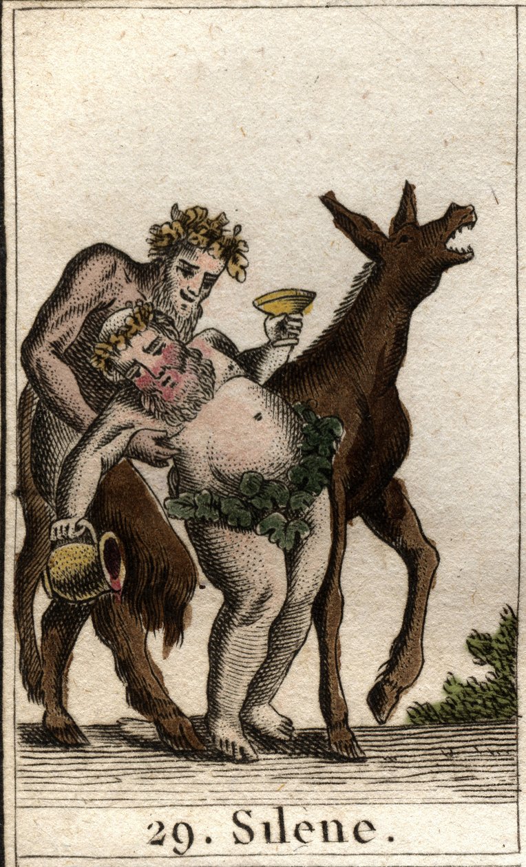 Silene, Bacchus társának ábrázolása, részeg, szatírával megtámasztva. (Bacchus Silenus barátja, részeg, egy ifjú szatír támogatta). Pierre Blanchard „Az ifjúság mitológiájából” 1803-ból. alkotó: French School