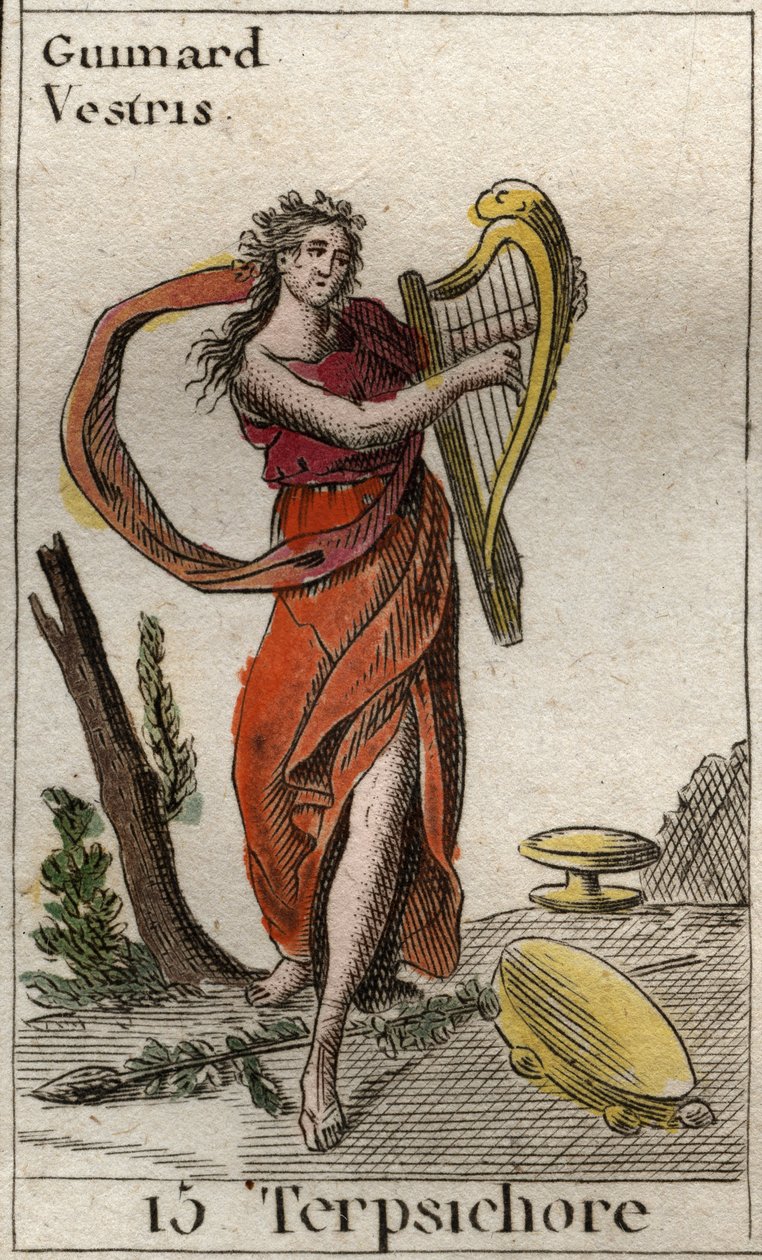 Terpsichore ábrázolása, a tánc múzsája, lírát játszik (Terpsichore ábrázolása, Táncmúzsa, lírát tartva). Pierre Blanchard „Az ifjúság mitológiájából” 1803-ból. alkotó: French School