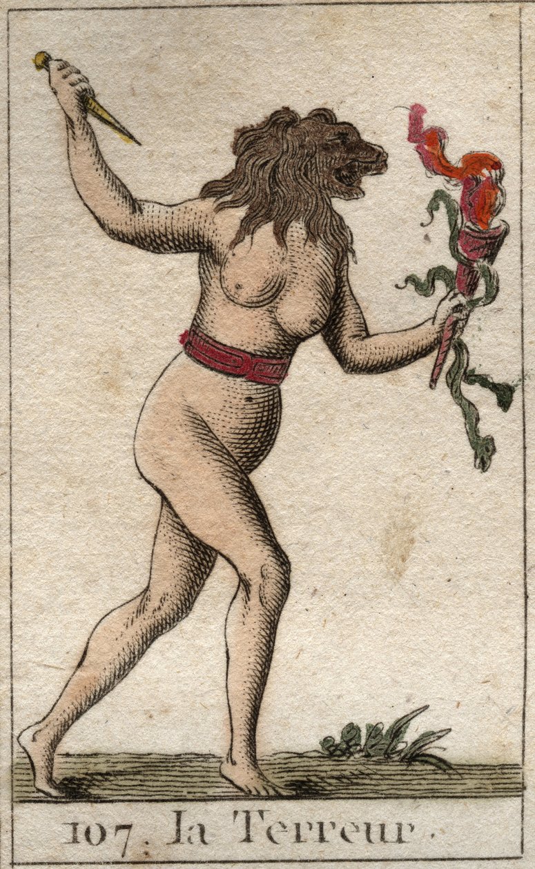 A terror ábrázolása oroszlánfejű, kést és kígyót tartó nőként. Pierre Blanchard „Az ifjúság mitológiájából” 1803-ból. alkotó: French School