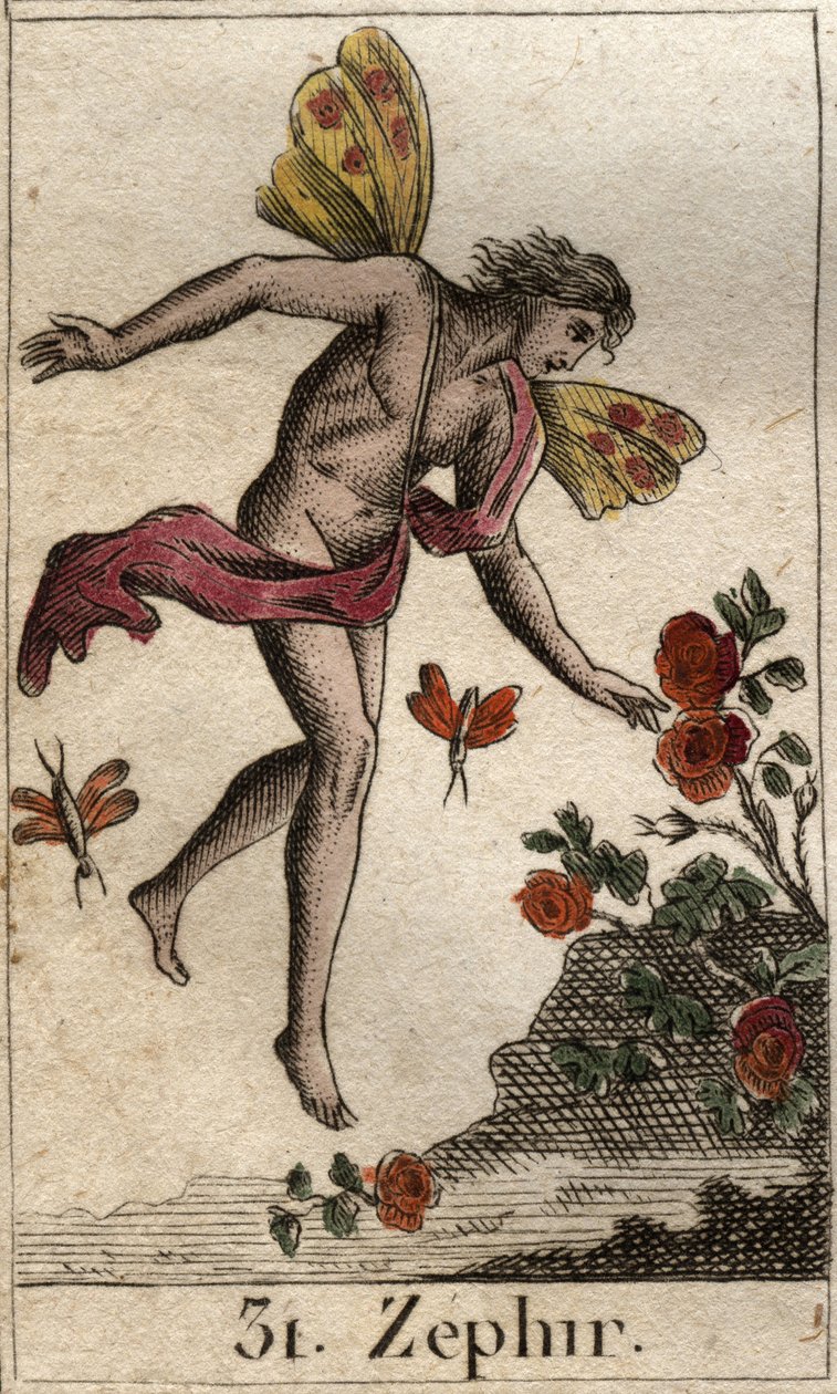 Zephyr ábrázolása, a nyugati szél megszemélyesítése. (Zephyrus (vagy Zephyr) a nyugati szél megszemélyesítése). Pierre Blanchard „Az ifjúság mitológiájából”, 1803. alkotó: French School