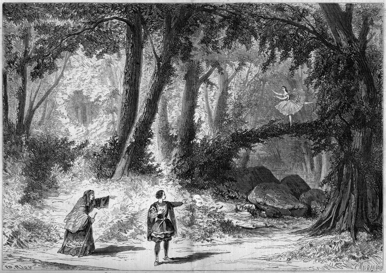 Balett ábrázolása: Az I. felvonás szcenográfiája, Jacques Offenbach (1819-1880) „A papillon” 2. jelenete. Desplechin dekorációja. Párizs, Theatre Imperial de l