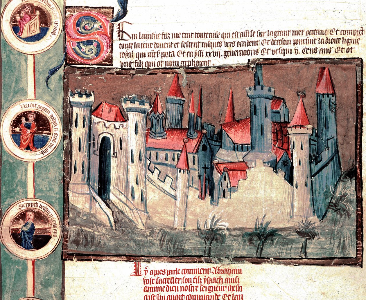 A strasbourgi régió egy erődített városának képviselete. Miniatűr pergamentekercsen „A Biblia genealógiája” (ms.199) 14. századi Cremone, Biblioteca Governativa alkotó: French School