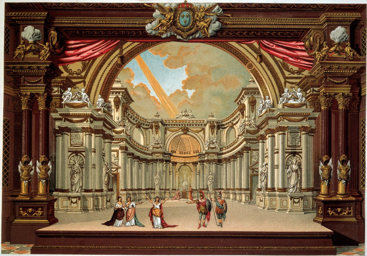 Jean Baptiste Poquelin dit Moliere (1622-1673) darabjának bemutatása a versailles-i kastély színházában. századi litográfia. Dekoratív művészet, Párizs alkotó: French School