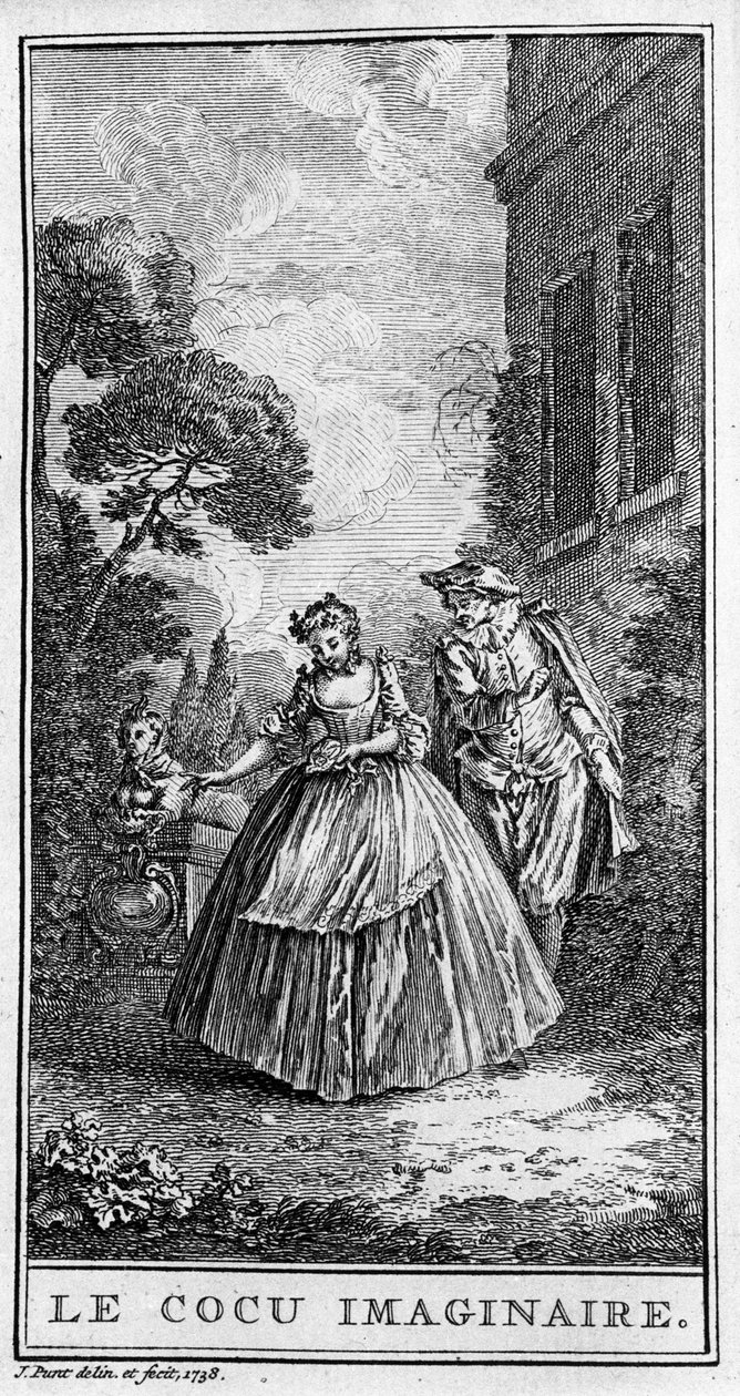 Jean Baptiste Poquelin dit Moliere (1622-1673) „Sganarelle ou le cuckold imaginaire” (1660) című darabjának egyik jelenete. Metszet 1738-ból. alkotó: French School