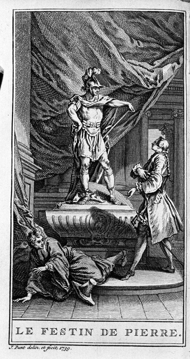 Jean Baptiste Poquelin dit Moliere (1622-1673) „Dom juan ou le fen de Pierre” (1665) című darabjának egy jelenetének ábrázolása. Metszet 1739-ből. alkotó: French School