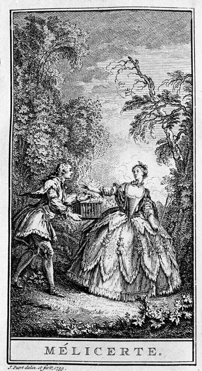 Jean Baptiste Poquelin dit Moliere (1622-1673) „Melicerte” című darabjának (1666) egy jelenetének ábrázolása. Metszet 1739-ből. alkotó: French School