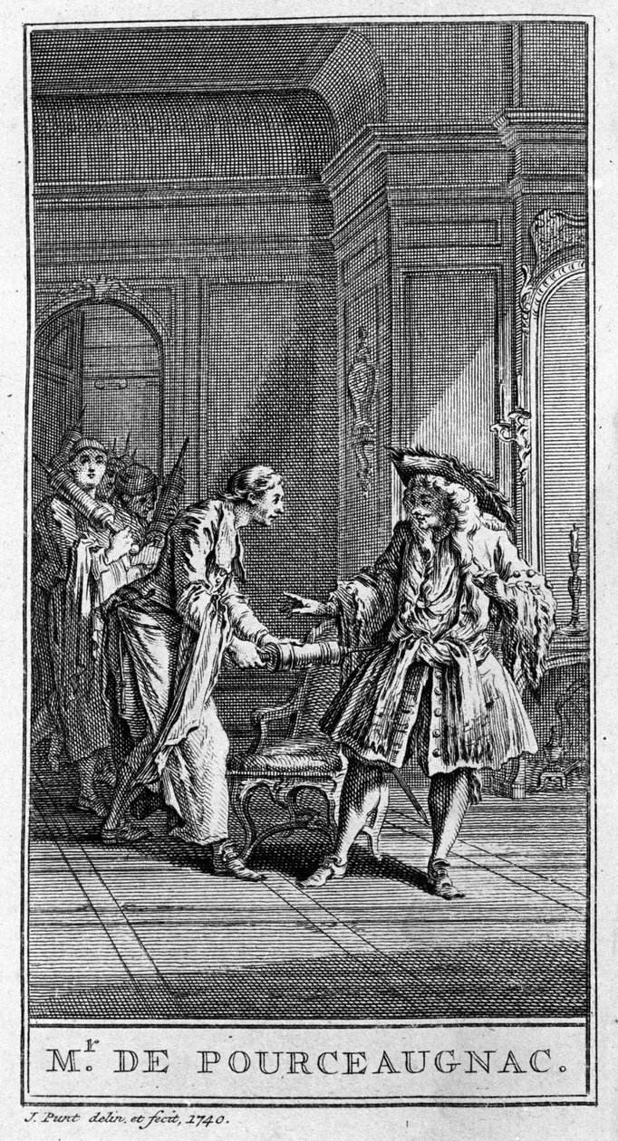 Jean Baptiste Poquelin dit Moliere (1622-1673) „Monsieur de Pourceaugnac” (1669) című darabjának egy jelenetének ábrázolása. Metszet 1740-ből. alkotó: French School