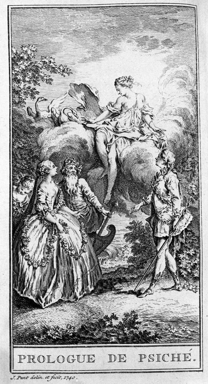 Jean Baptiste Poquelin dit Moliere (1622-1673) „Prologue de Psyche” című darabjának egy jelenetének ábrázolása. Metszet 1740-ből. alkotó: French School