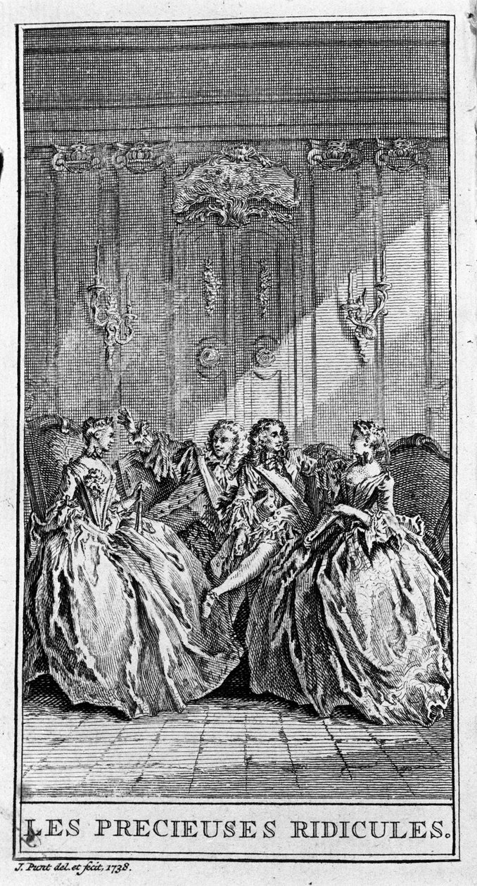 Jean Baptiste Poquelin dit Moliere (1622-1673) „Az értékes nevetségessé” (1659) című darab egy jelenetének ábrázolása. Metszet 1738-ból. alkotó: French School