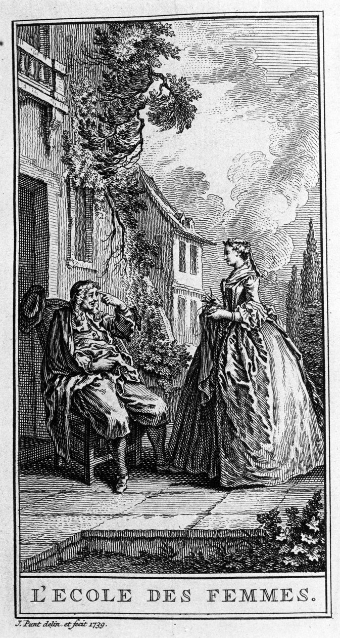 Jean Baptiste Poquelin dit Moliere (1622-1673) „A nők iskolája” (1662) című darabjának egy jelenete. Metszet 1739-ből. alkotó: French School