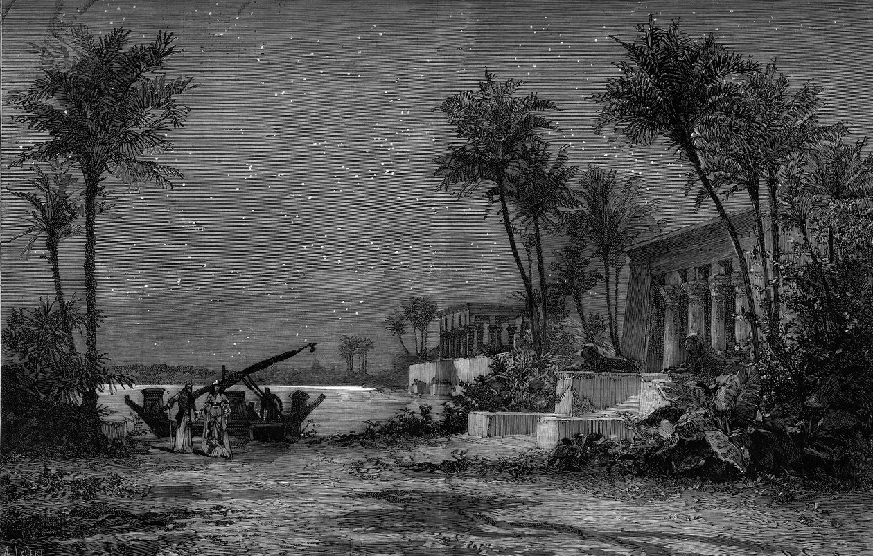 Operaábrázolás: Giuseppe Verdi (1813-1901) „Aida” A Nílus partja (3. felvonás). Jean Louis Cheret (1820-1882) dekorációja. Scott metszete a „” Le Monde Illustré”” 1201. számában, április 3-án alkotó: French School