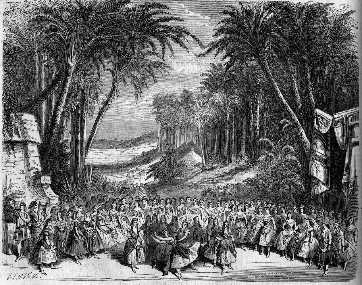 Operaábrázolás: A „Saba királynője” II. felvonásának szcenográfiája Michel Carre (1819-1872) és Jules Barbier (1822-1901) librettója és Charles Gounod (1818-1893) zenéje alapján. Párizs, Theatre de l