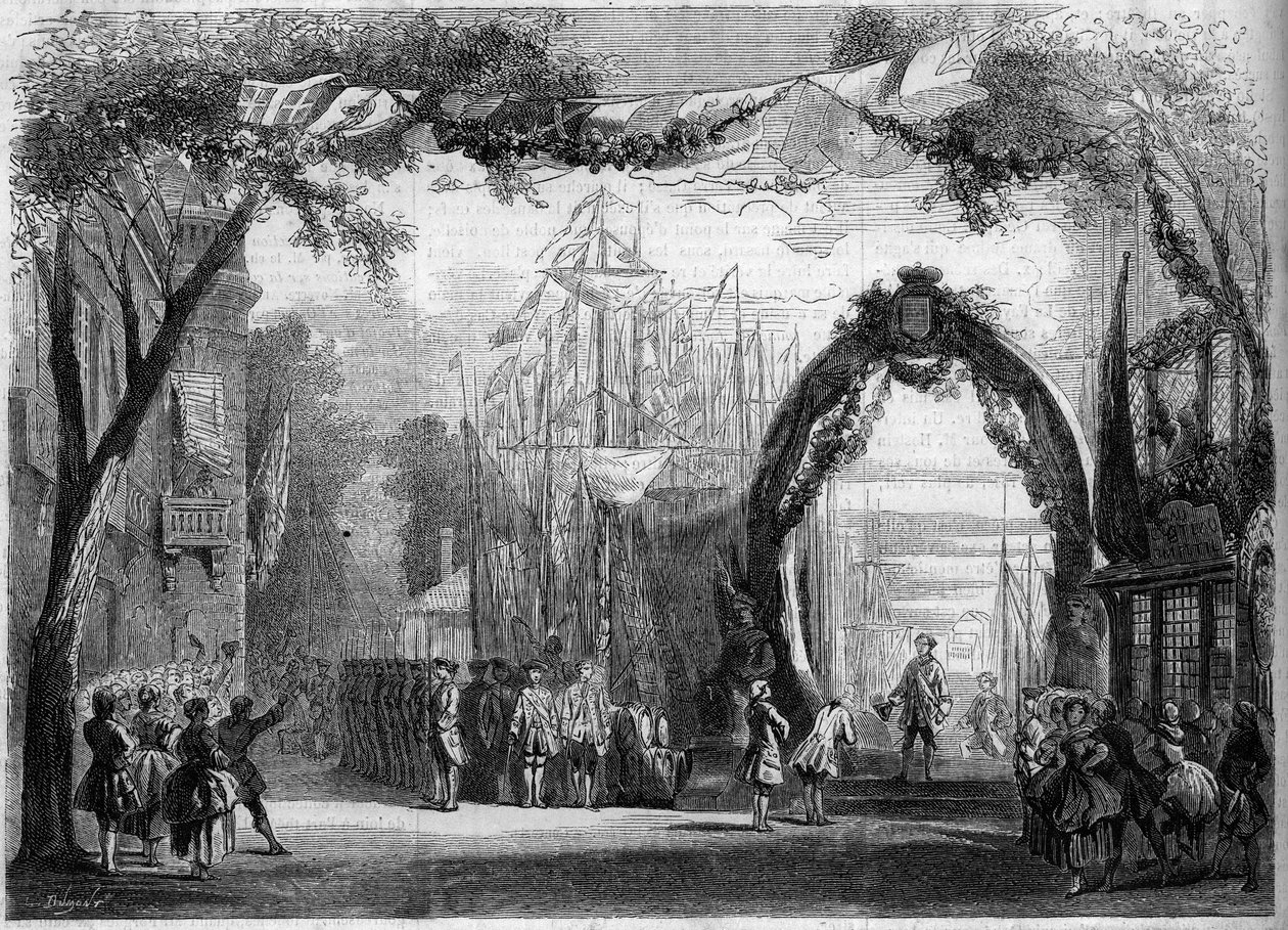 Operaábrázolás: A „Le Chateau Trompette” 1. felvonásának scenográfiája Eugene Cormon (1811-1903) és Michel Carre (1822-1872) librettója, valamint Francois Auguste Gevaert (1828-1908) zenéje alapján ). Párizs, Opera Comique alkotó: French School