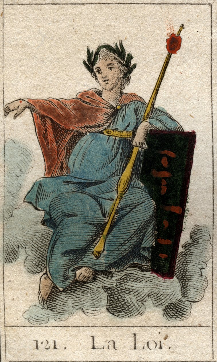 A törvény ábrázolása jogart tartó nőként. (A törvény fiatal nőként, jogart tartva). Pierre Blanchard „Az ifjúság mitológiájából”, 1803. alkotó: French School