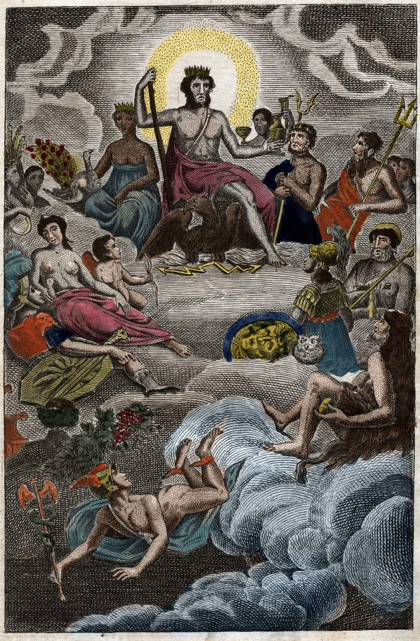 Az istenek gyülekezetének ábrázolása az Olümposz-hegyen vagy a Tizenkét olimpikon. Pierre Blanchard „Az ifjúság mitológiájából” 1803-ból. alkotó: French School