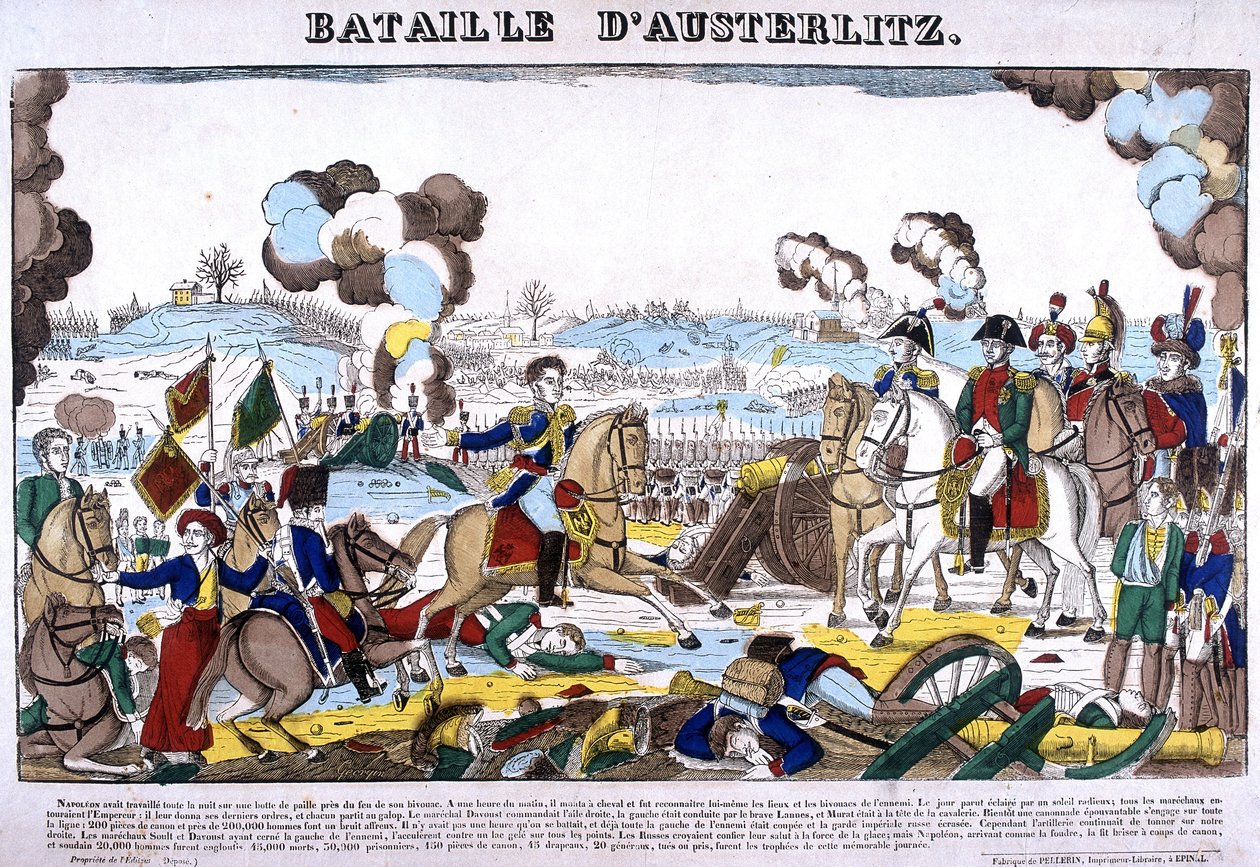 Az austerlitzi csata, vagyis a három császári csata ábrázolása 1805. 12. 02-án. Az Epinal képe alkotó: French School