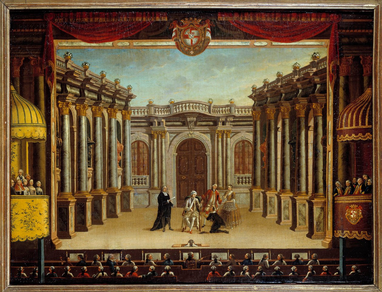 Jean Baptiste Poquelin dit Moliere (1622-1673) „” képzeletbeli malád”-jának ábrázolása a spanyolországi Minorca Színházban; kilátás a jelenetre. Névtelen festmény alkotó: French School