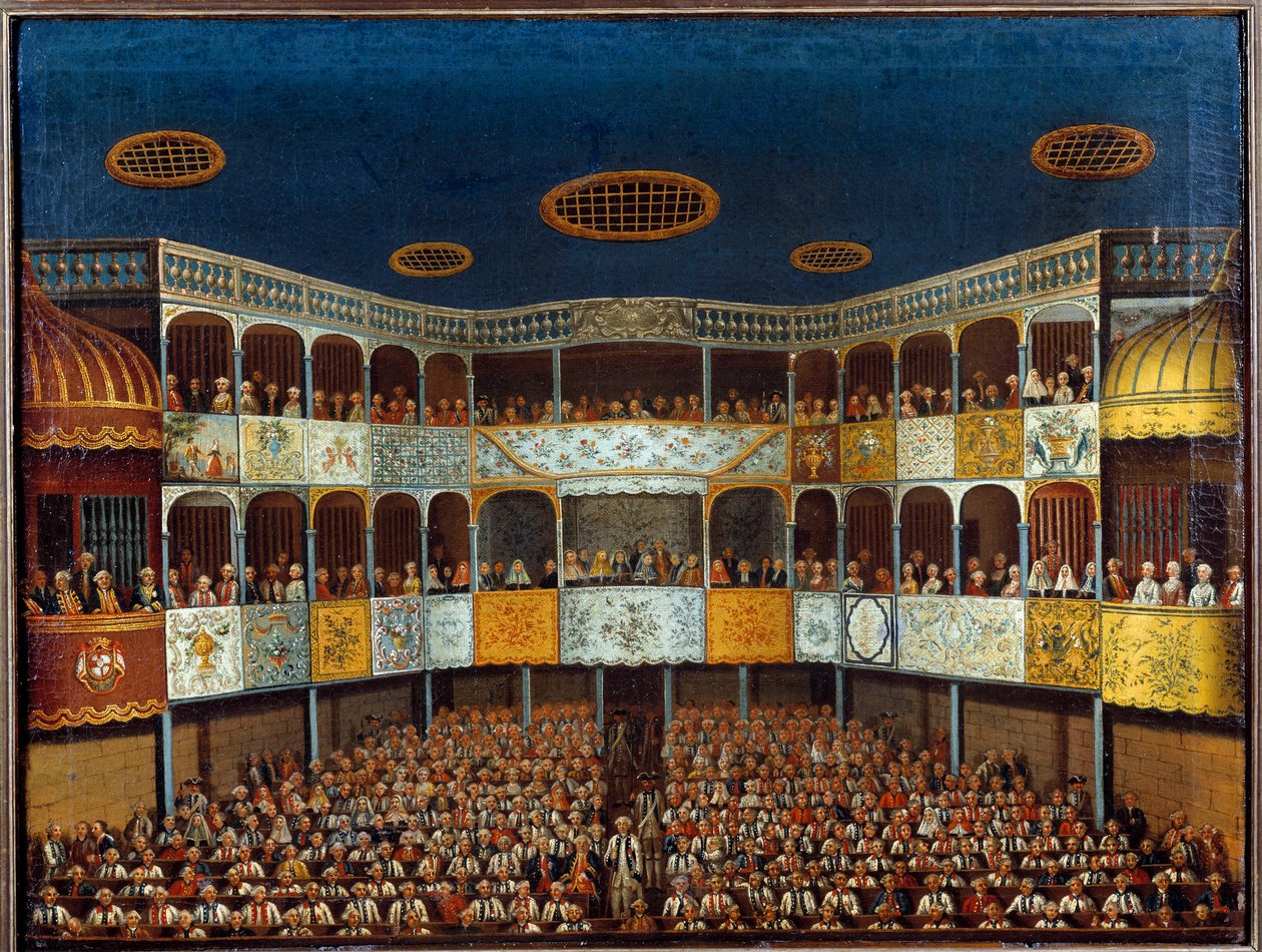 Jean Baptiste Poquelin dit Moliere (1622-1673) „” képzeletbeli maládjának” bemutatása a spanyolországi Minorca Színházban; kilátás nyílik a teremre és a közönségre. 18. századi festészet. Párizs, dekoratív művészet alkotó: French School