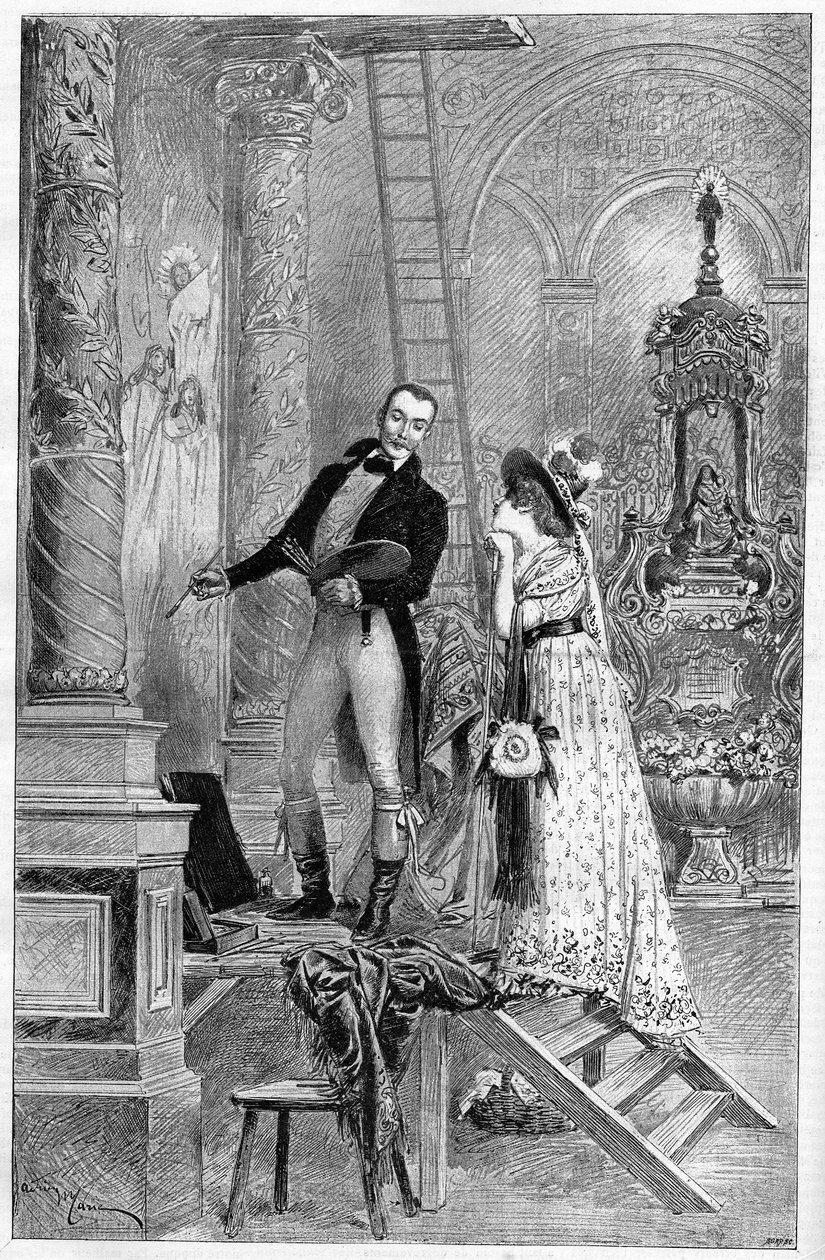 A Tosca ábrázolása, viktoriánus Sardou drámája a Theater de la Porte Saint Martinban 1887-ben. Itt az 1. felvonás, a St. Andrea templom Dumenyvel és Henriette Rosine Bernarddal, Sarah Bernhardt (1844-1923) néven. alkotó: French School