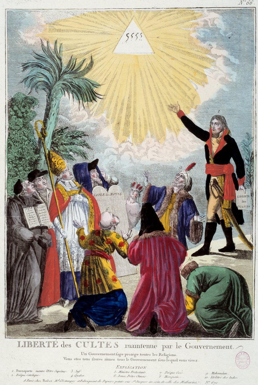A Bonaparte Napóleon (1769-1821) által fenntartott valamennyi vallás istentiszteleti szabadságának ábrázolása: az első konzul az Istent jelképező háromszöget jelzi az egyes vallások képviselői által: katolikus eveque, zsidó, kvéker, alkotó: French School