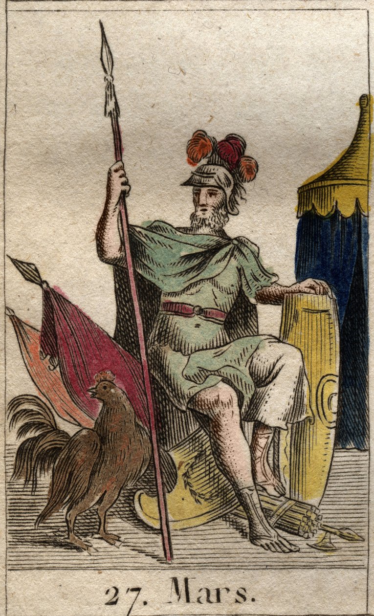 A háború istenének ábrázolása Mars, fegyver, kakas közelében. (A háború istene, Mars ménesszel felfegyverkezve). Pierre Blanchard „Az ifjúság mitológiájából” 1803-ból. alkotó: French School