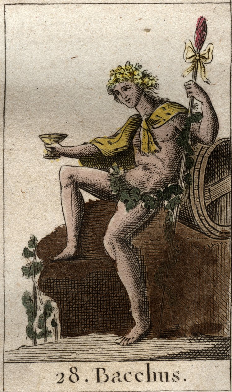 A bor és a szüret istenének ábrázolása, Bacchus, csészét tart a kezében. (A bor és a szőlő istene Bacchus egy csésze borral). Pierre Blanchard „Az ifjúság mitológiájából” 1803-ból. alkotó: French School