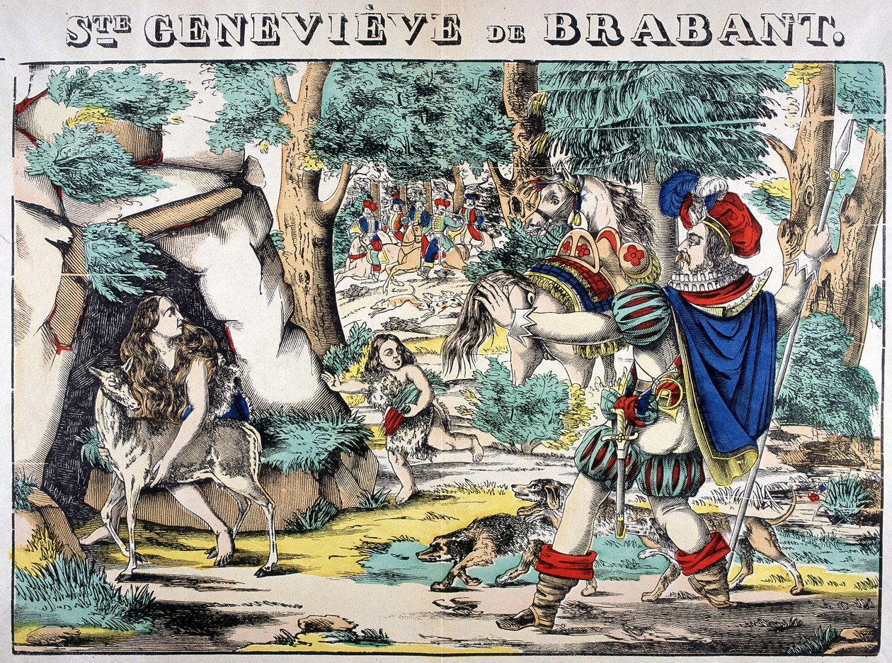 Brabanti Szent Genevieve legendájának ábrázolása. Az erdőben elhagyott Genevieve és férje találkozásának jelenete. Az Epinal képe alkotó: French School