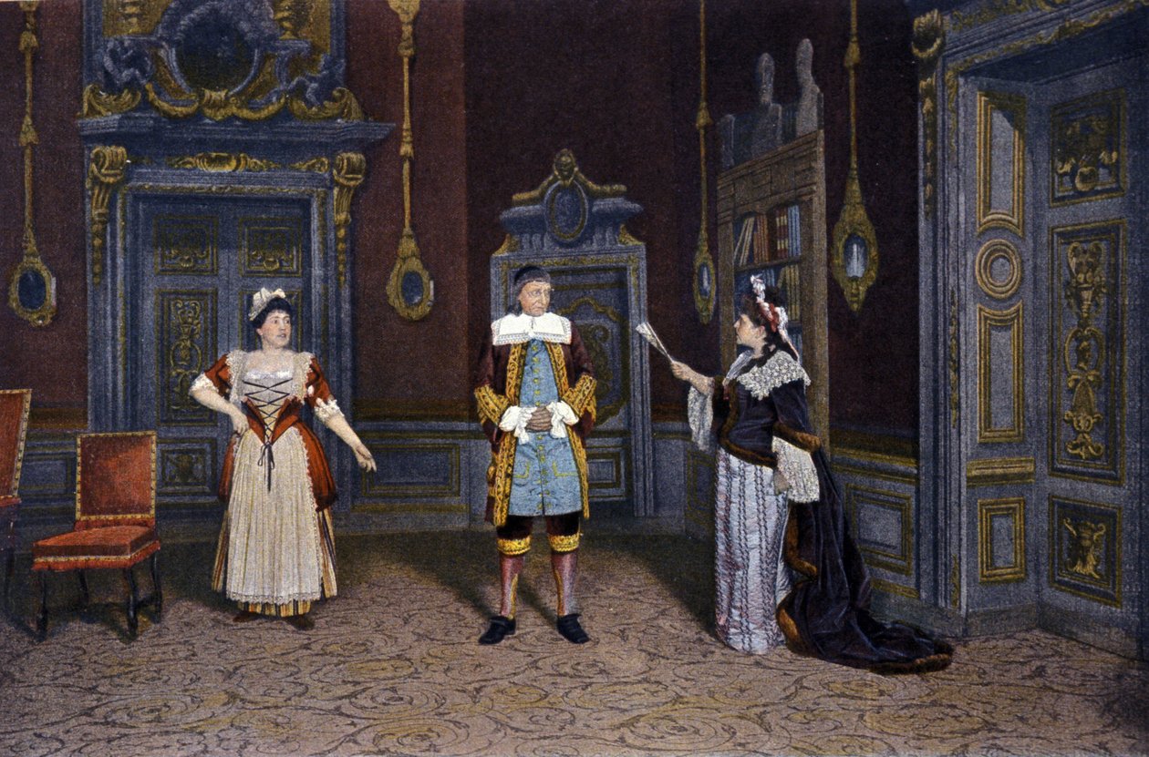 Jean Baptiste Poquelin dit Moliere (1622-1673) „Les femmes savantes” című darabjának bemutatása a Comedie francaise-ban 1885-1890 körül. Balról jobbra: Ms. Rachel Boyer, Mr. Leloir, Ms. Blanche Pierson alkotó: French School