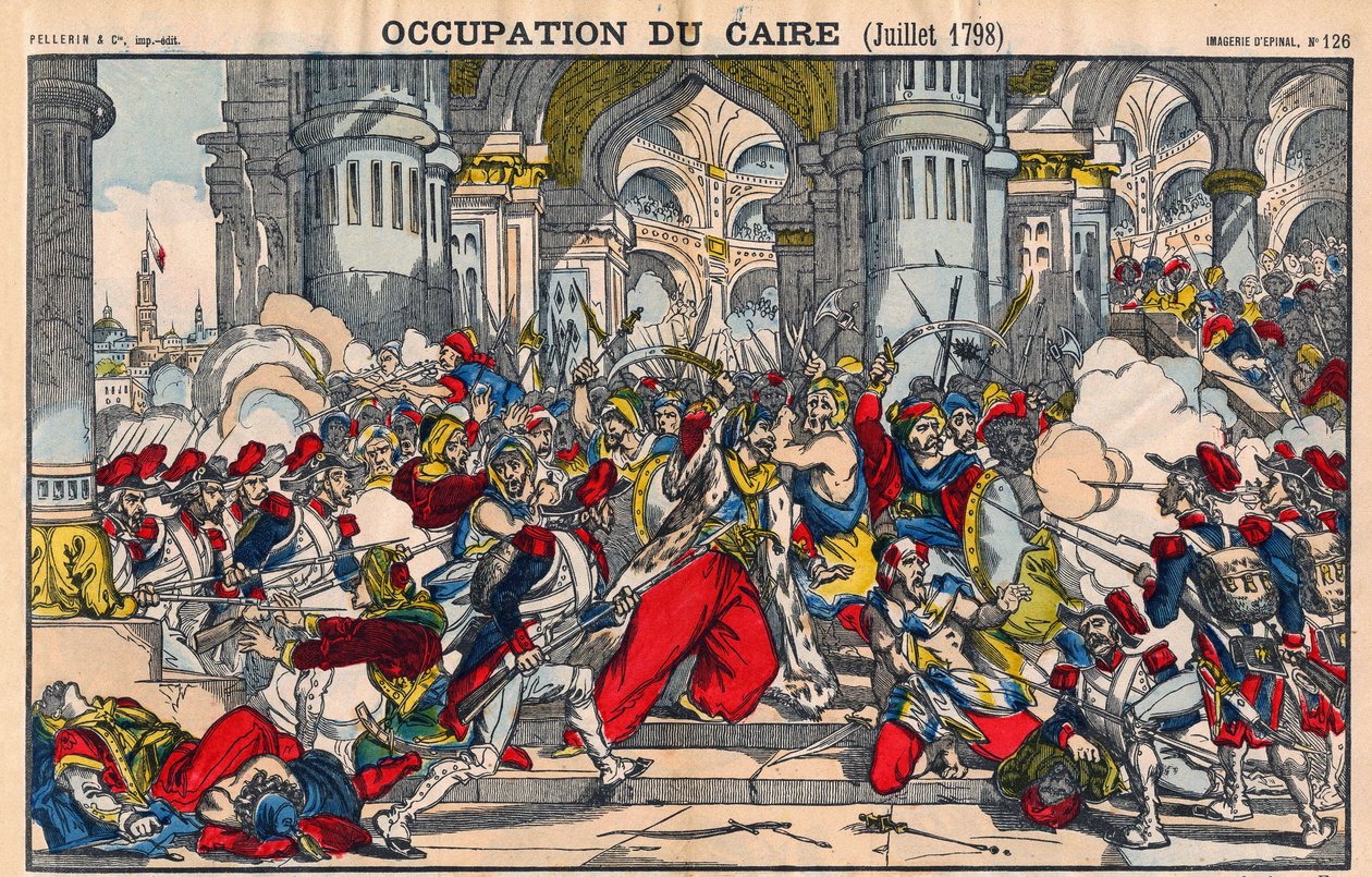 A kairói lakosok Bonaparte által vezetett francia megszállás elleni lázadásának bemutatása 1798. október 21-én. Epinális képalkotás alkotó: French School