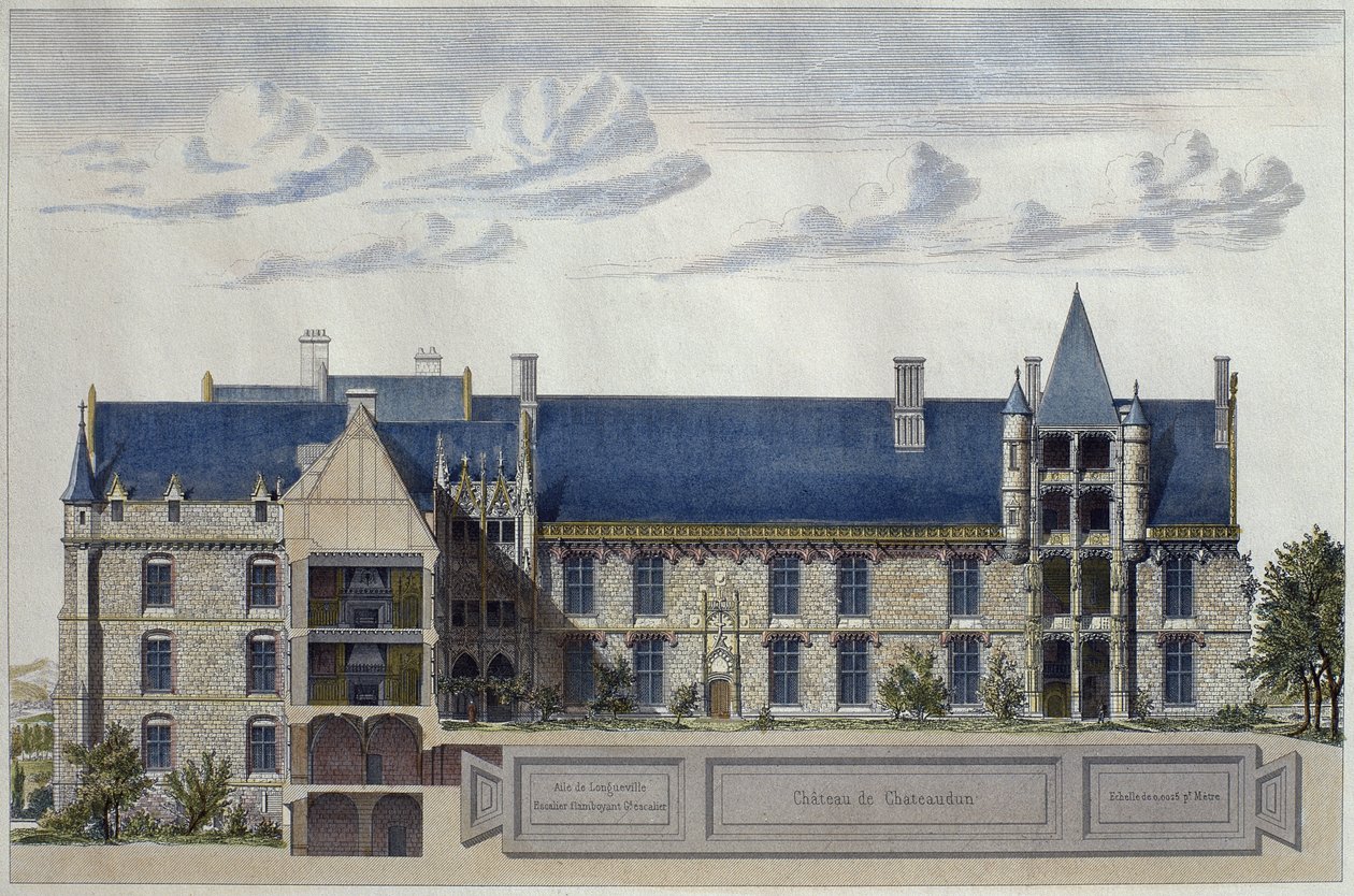 A Chateau de Chateaudun restaurálása, a Le Moniteur des architectes illusztrációja, H. Penel metszet (színes metszet) alkotó: French School