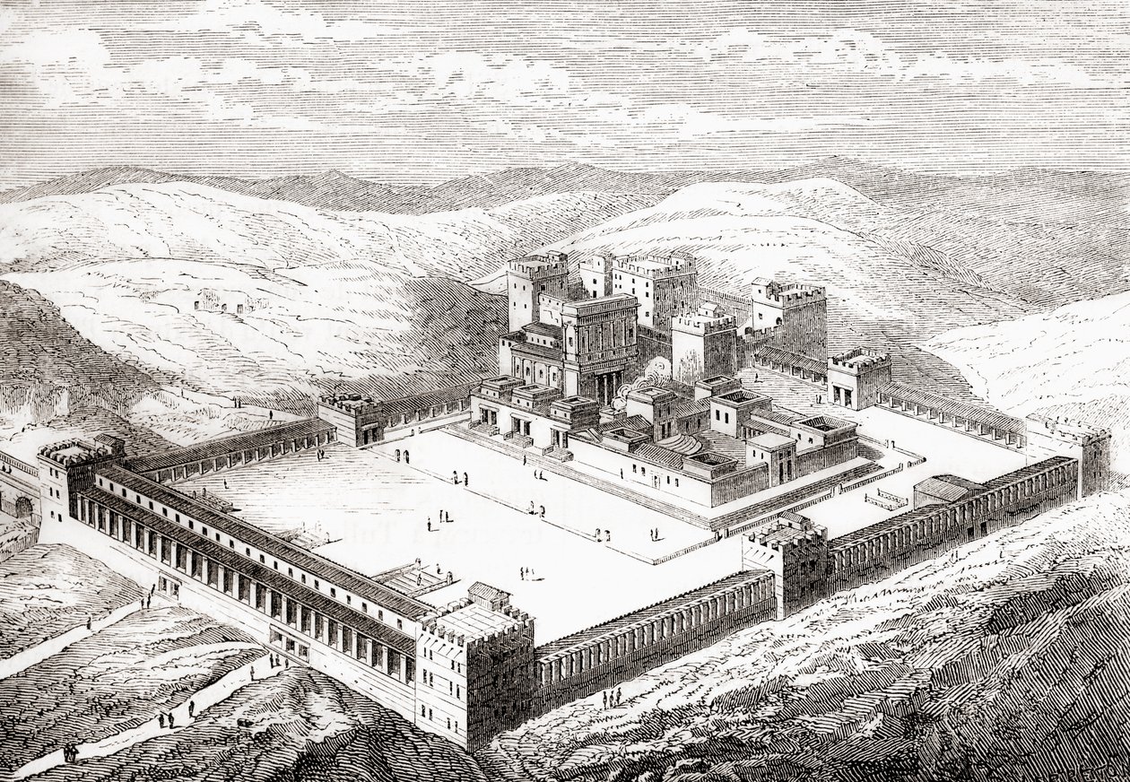 A helyreállított Második Templom, amely Salamon templomát váltotta fel, Jeruzsálem, a Les Merveilles de la Science, 1870-es kiadásból. alkotó: French School
