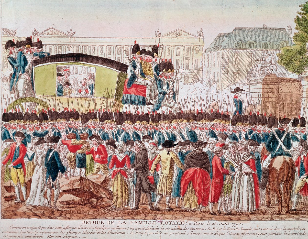 A francia királyi család visszatérése Párizsba, 1791. június 25., a csoport átkel a Place de la Concorde-on (metszet) alkotó: French School