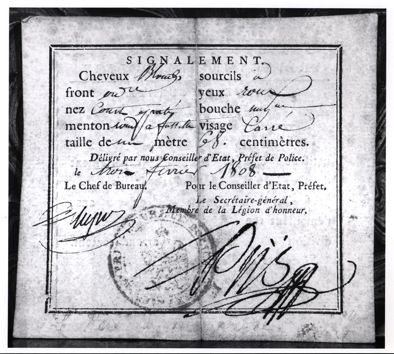Biztonsági kártya hátoldala, 1808 (toll és tinta papíron) alkotó: French School