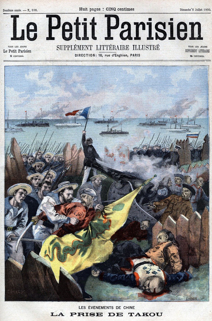 Revolt des Boxers (1898-1900): A szövetségesek elfoglalják Takout Kínában – a Le Petit Parisienben alkotó: French School