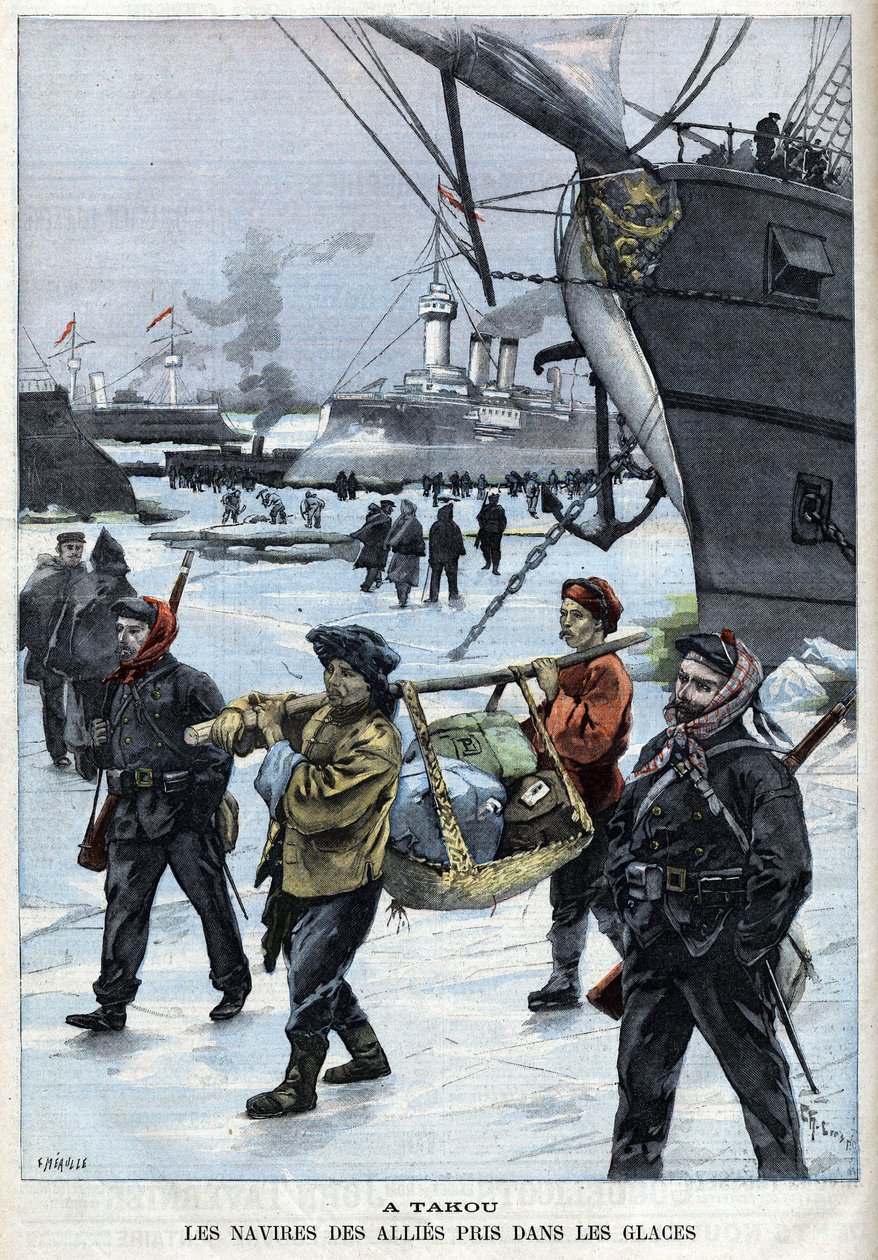 Revolt des Boxers (1898-1900) a szövetségesek hajói az Atakou jégen. a „Le Petite Parisien” című filmben alkotó: French School