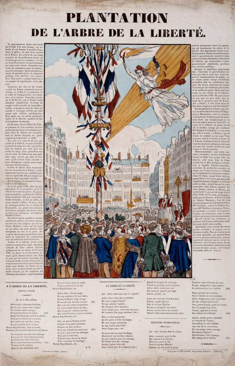 1848-as forradalom: a Szabadságfa ültetvénye 1848. március 25-én. 1848-as metszet Párizs, Musee Carnavalet alkotó: French School