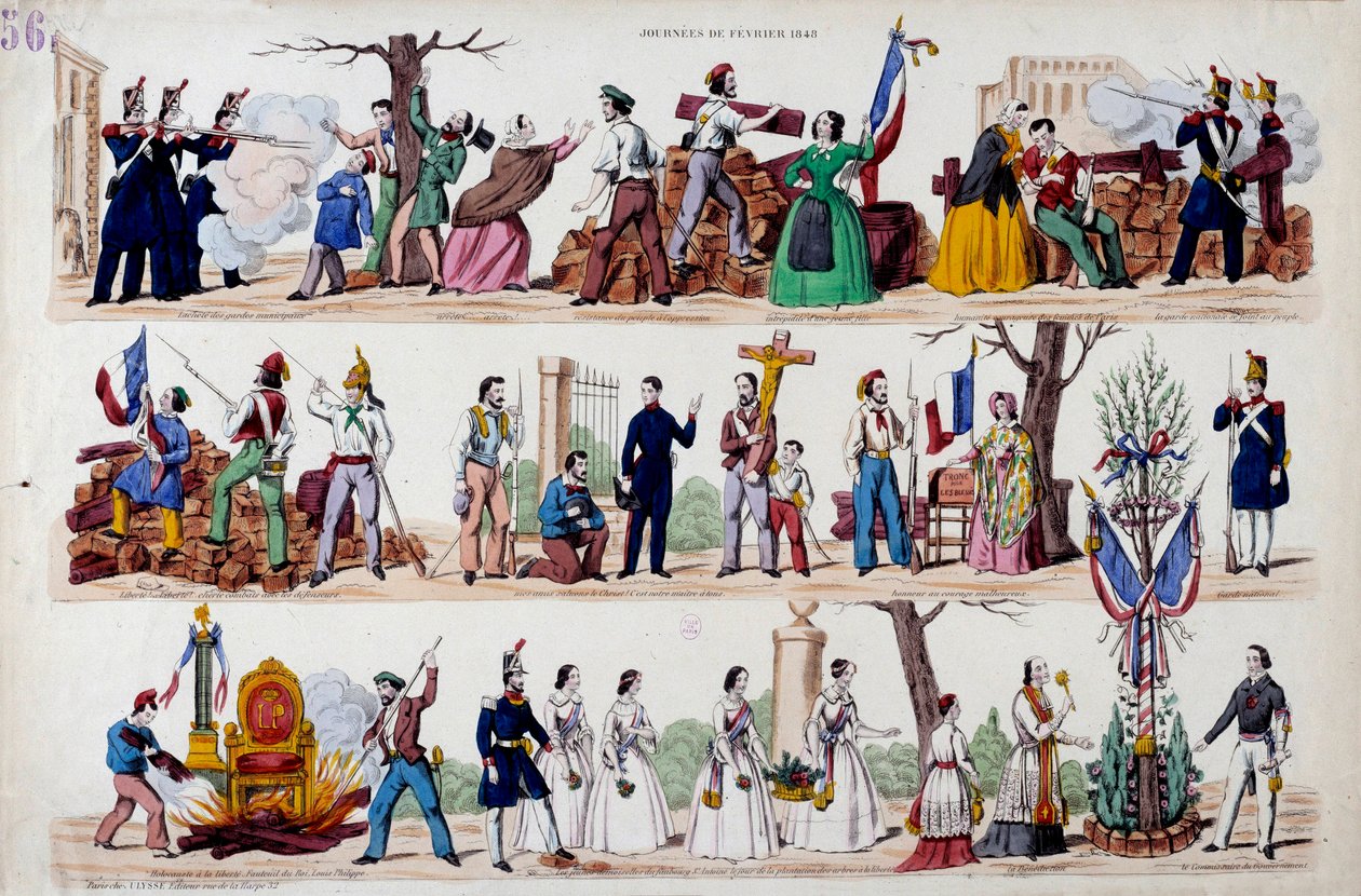 1848. februári forradalom: a február 23-i felkelés nagy pillanatai, a barikádok, majd a katonák, munkások és polgárok testvérisége, I. Lajos Fülöp (Fülöp Lajos) hatalmi jelképeinek lerombolása és végül a alkotó: French School