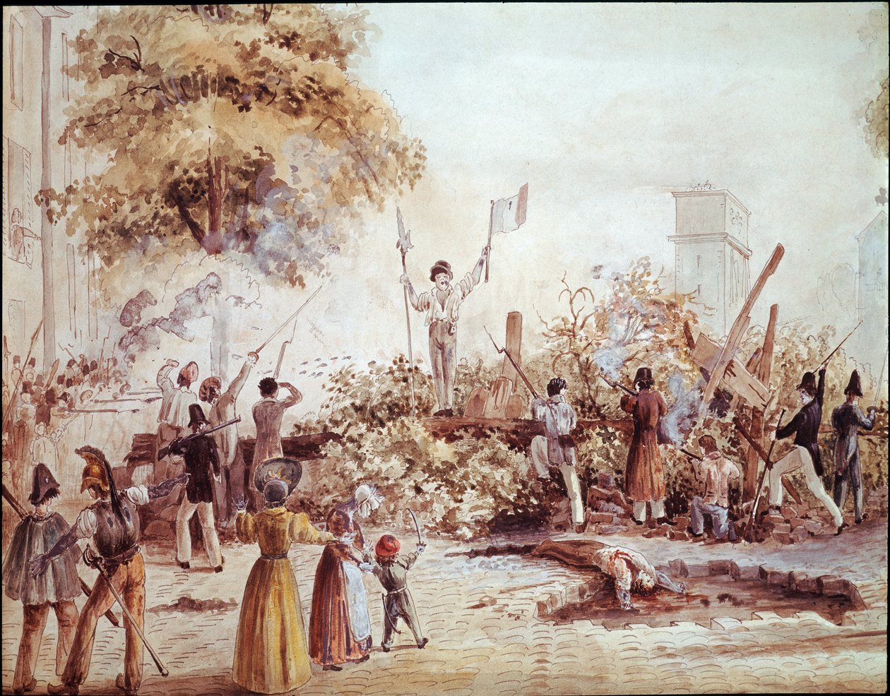 Júliusi forradalom Párizsban – Barikád a Boulevard Saint Martinban augusztus 1-jén (akvarell, 1830 körül) alkotó: French School