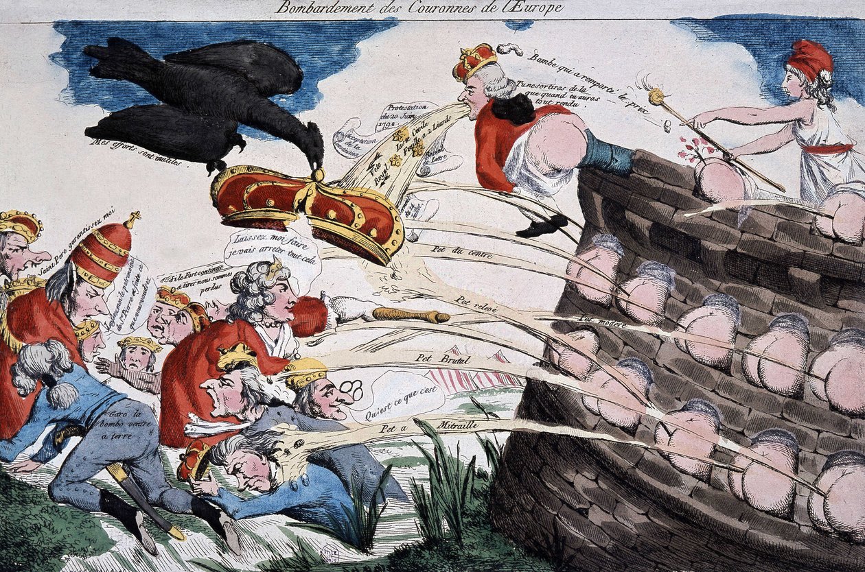 Marianne forradalmi kalauzai az európai uralkodókat bombázzák a baromságukkal. A francia forradalom idején megjelent rajzfilm. Rézkarc. 1792. Musee Carnavalet. alkotó: French School