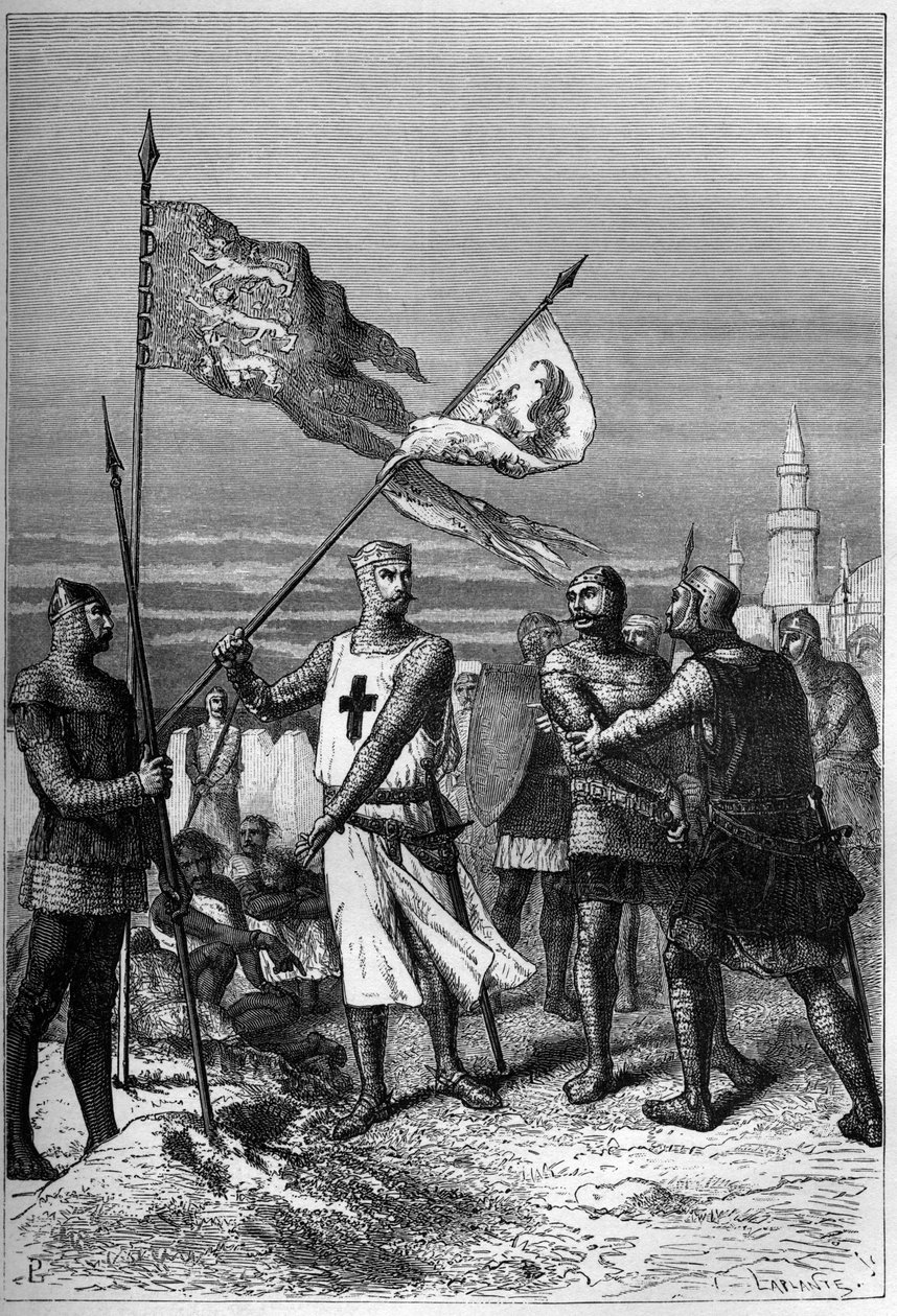 Richard Coeur de Oroszlán vagy I. Oroszlánszívű Richárd (1157-1199) angol király, V. Lipót főherceg, Ausztria hercegének zászlóját eltávolítva - Francois Guizot „Anglia története a legrégibb időktől” című metszetébe. alkotó: French School