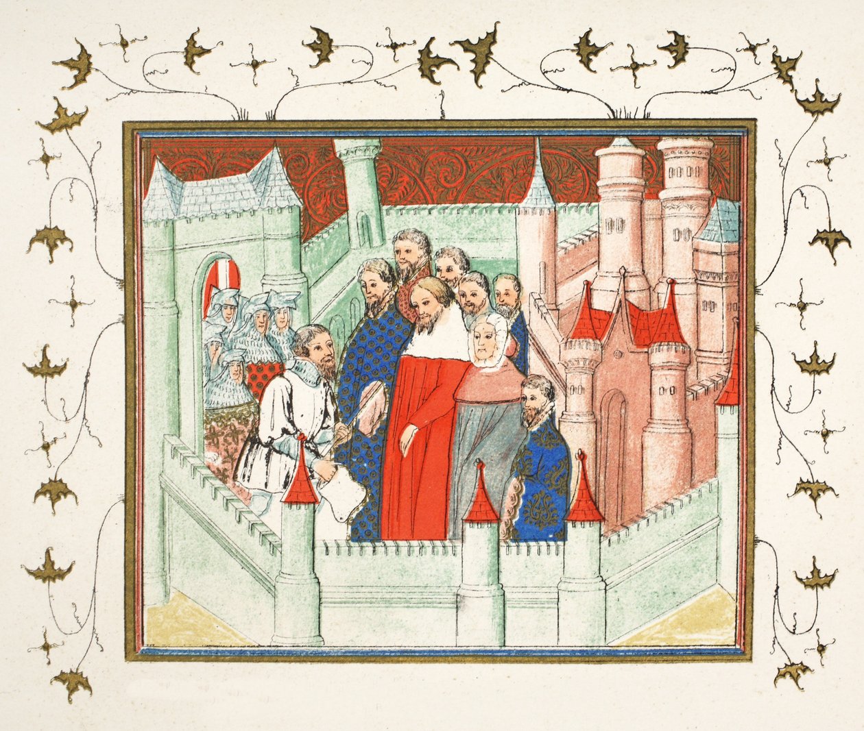 II. Richárd a Flint kastélyban, ahol foglyul ejtették Bolingbroke-nak, a trón riválisának, fakszimile másolata Jean Creton Le Prinse et Mort du Roy Richart-jából, újranyomva 19. század (színes alkotó: French School