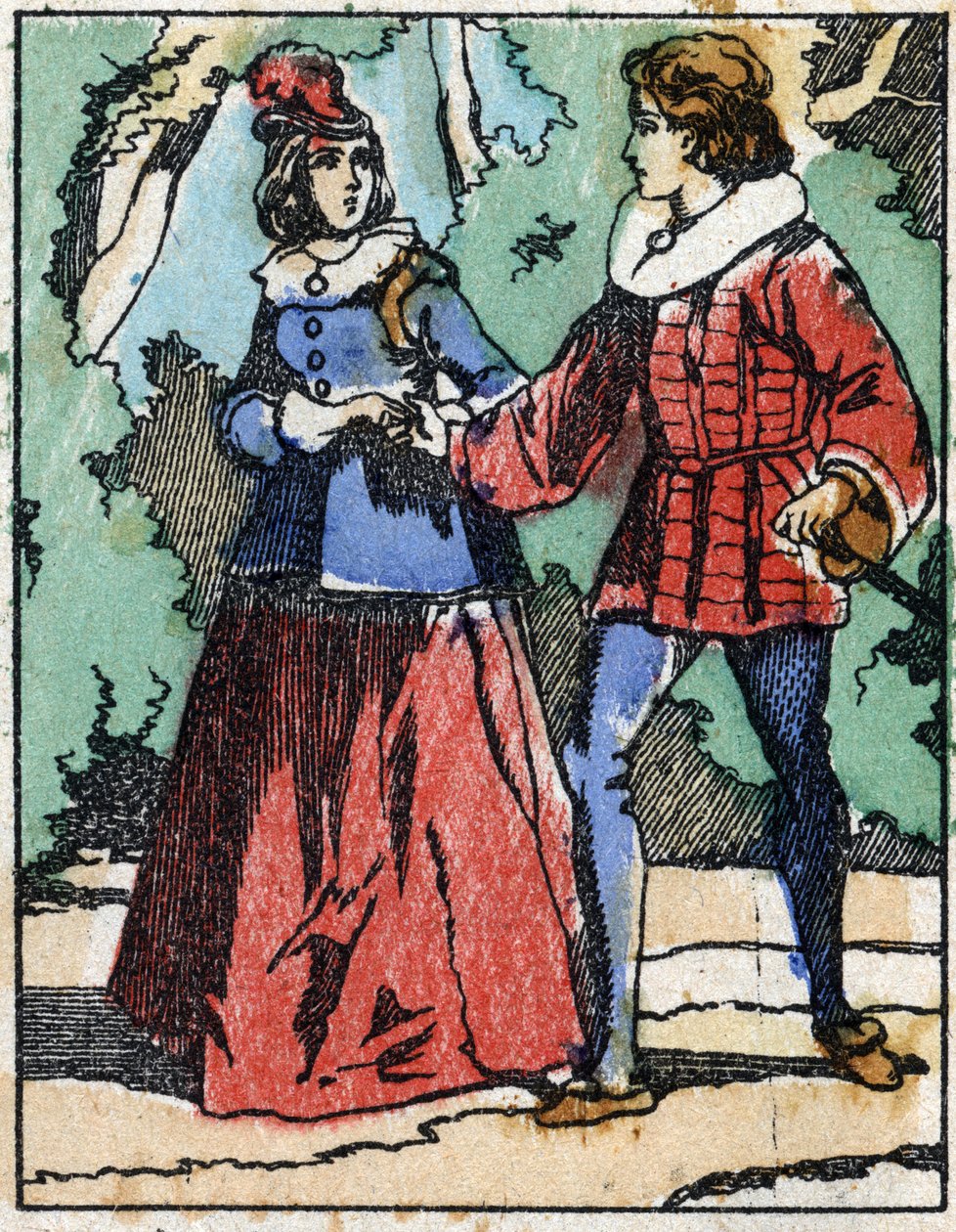 Riquet ismét bemutatkozik a hercegnőnek. Illusztráció a „Riquet a la houppe” című meséhez, Charles Perrault (1628-1703) francia író. Imaging Pellerin fametszete - Epinal, sd. 19. század vége. alkotó: French School