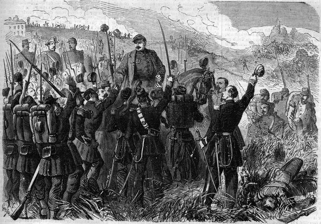 Risorgimento – Montebello della Battaglia (Olaszország) csata, 1859. május 21.: Elie Frederic Forey (1804-1872) francia tábornok, az olasz hadsereg parancsnoka az osztrák hadsereg felett aratott győzelme után katonái diadalmaskodtak. Metszet a „” Le Monde  alkotó: French School