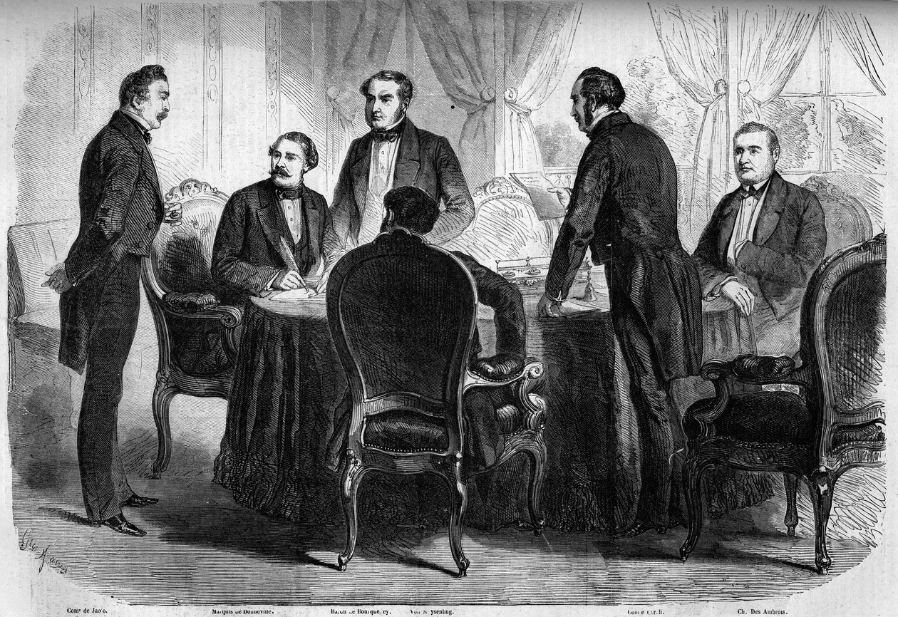 Risorgimento – Zürichi Szerződés – 1859. november 10.: Franciaország, Ausztria és Szardínia meghatalmazottai aláírták a zürichi szerződést. Ausztriának fel kell hagynia Lombardiát Olaszországnak. Metszet a „” Le Monde Illustré”” 136. számában, 1859. novemb alkotó: French School