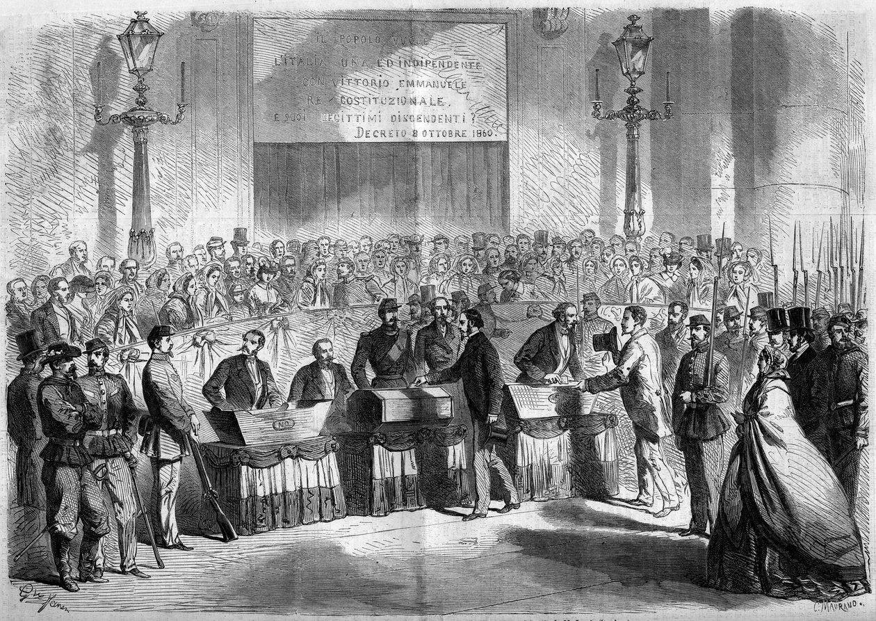 Risorgimento, Nápoly, 1860. október 21.: a lakosság szavazata a Saint Francois de Paule-templomban a városnak az Olasz Királysághoz való csatolásáról. Metszet a „” Le Monde Illustré”” 188. számában, 1860. november 17.. alkotó: French School