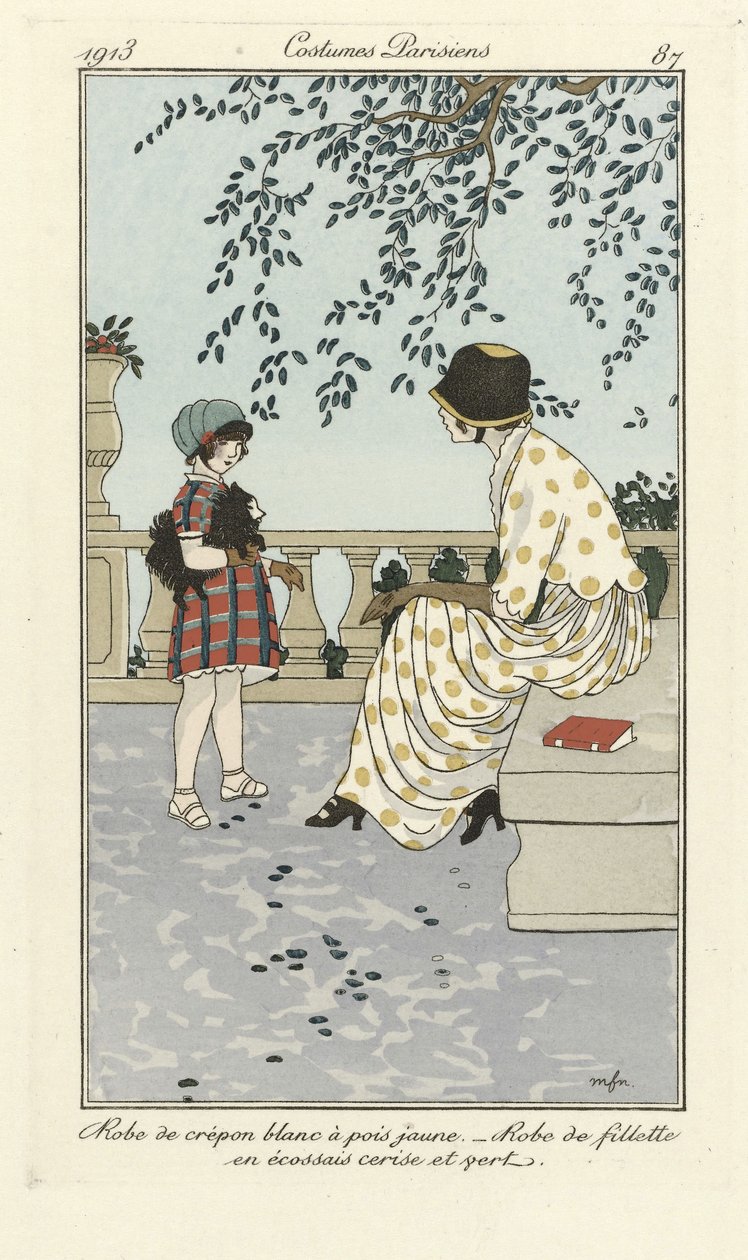 Fehér Crépon ruha sárga pöttyökkel - Lányruha cseresznyés és zöld tartánból, a Costumes Parisien, pub.1913-ból (sablonnyomat) alkotó: French School