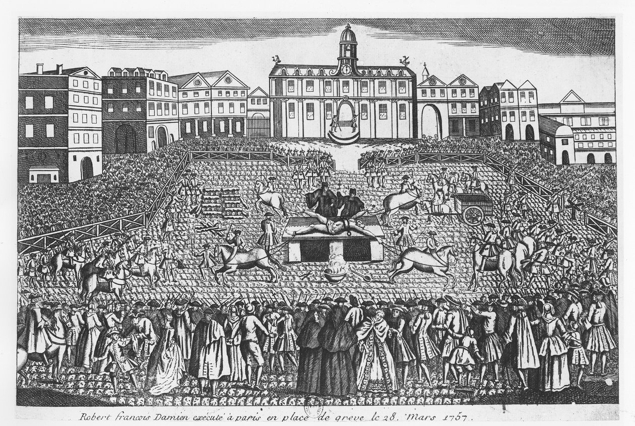 Robert-Francois Damienst kivégezték a Place de Grève-en, Párizsban, 1757. március 28-án alkotó: French School