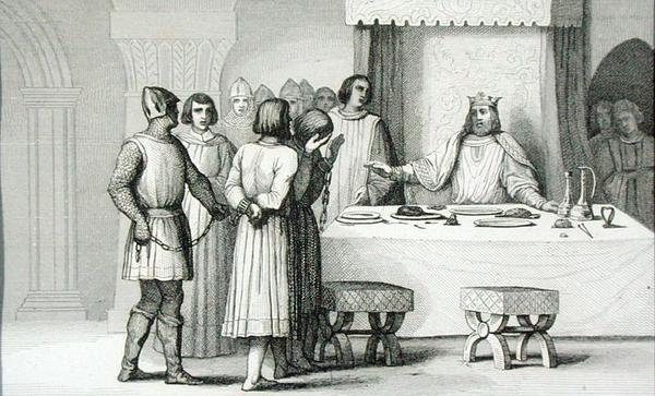 II. Róbert (970-1031) a Jámbor kiadja az összeesküvőket az 1840 körül megjelent Histoire de France-ból (metszet) alkotó: French School