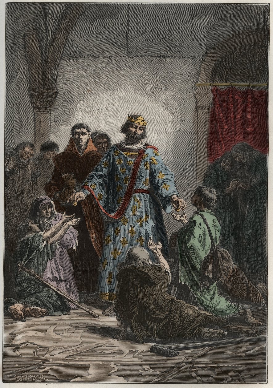 Jámbor Róbert (972-1031), Franciaország 996-1031-es capetius királya, kedvesen érzett a gyengék és szegények iránt – metszet a „L